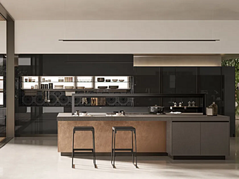 Кухня из стекла без ручек с островом глянцевый теплый черный VALCUCINE Logica Celata Vitrum